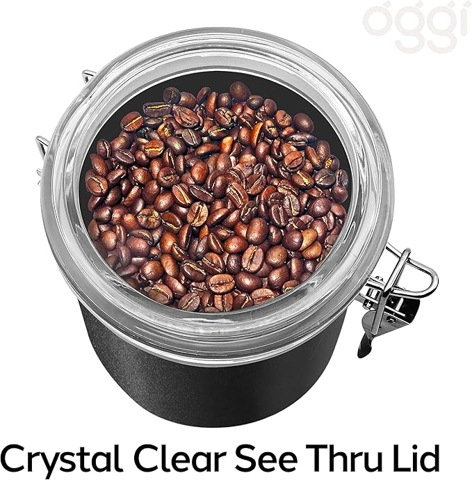 Oggi Stainless Steel Kitchen Canister 36 fl oz, Black - Airtight Clamp Lid, Clear See-Thru Top - Ideal for Kitchen Storage, Food Storage, Pantry Storage. Size 5" x 4.75".