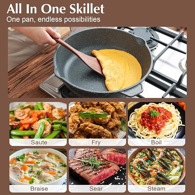 SENSARTE Nonstick Deep Frying Pan Skillet, 12-inch Saute Pan with Lid, Stay-cool Handle, Chef Pan Healthy Stone Cookware Cooking Pan, Induction Compatible, PFOA Free