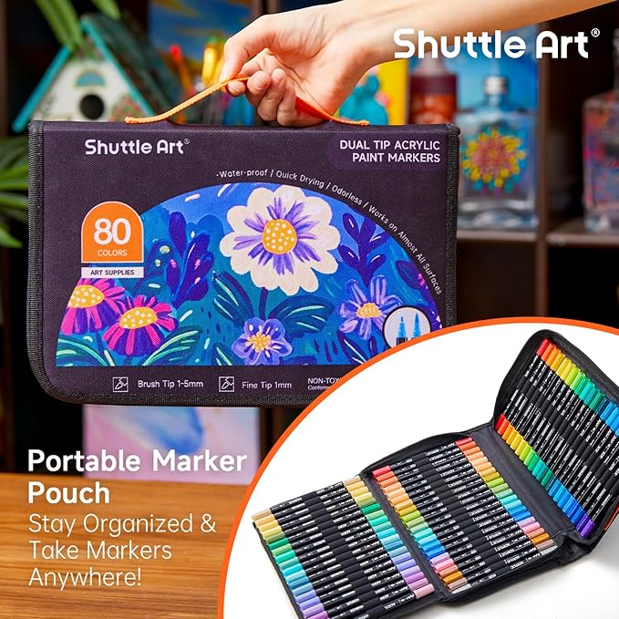 Shuttle Art 80 Colors Dual Tip Acrylic Paint Markers, Brush Tip and Fine Tip Acrylic Paint Pens for Rock Painting, Ceramic, Wood, Canvas, Plastic, Glass, Stone, Calligraphy, Card Making, DIY Crafts