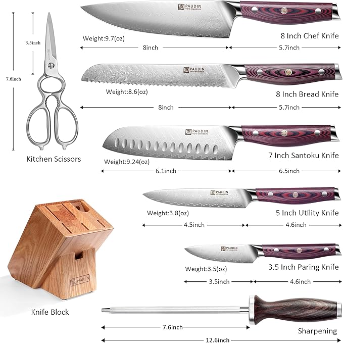 PAUDIN Damascus Knife Set 8 Pieces, Kitchen Knife Set with Block 67-layers Damascus steel, Ultra Sharp Japanese Knife Set with Full Tang G10 Handle, Chef Knife Block Set