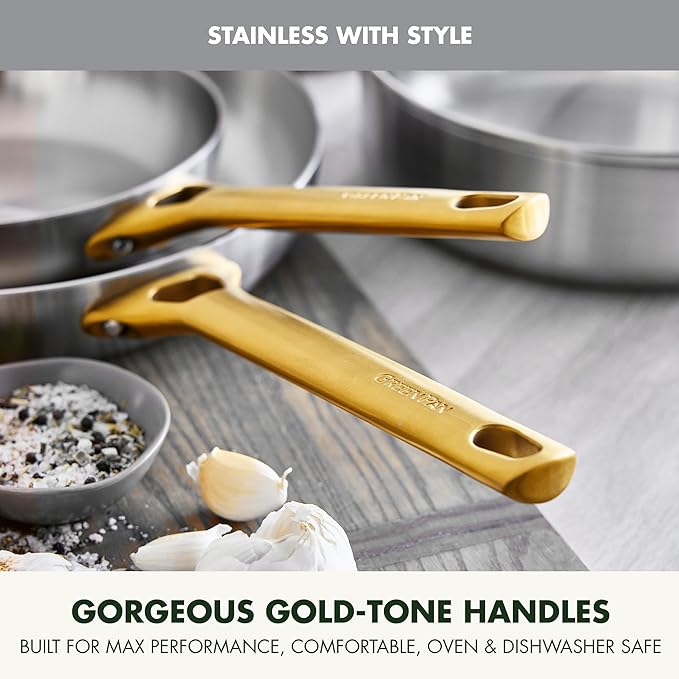 GreenPan Stainless Steel Tri-Ply Reserve 10 Piece Cookware Pots and Pans Set, Multiclad, PFAS-Free, Induction, Oven & Broiler Safe to 600°F, Heat Responsive Core, Dishwasher Safe, Glass Lids