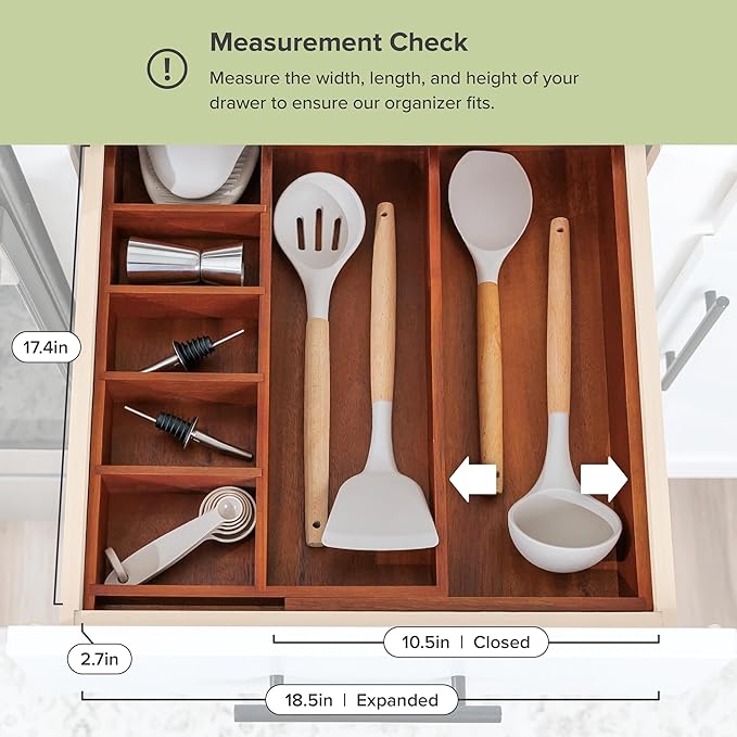 KitchenEdge Adjustable Kitchen Drawer Organizer for Utensils and Junk, Food-Safe Contract Grade with 100% Sustainable Wood, Non-Slip, Expandable from 10.5 to 18.5 Inches Wide - Natural Acacia