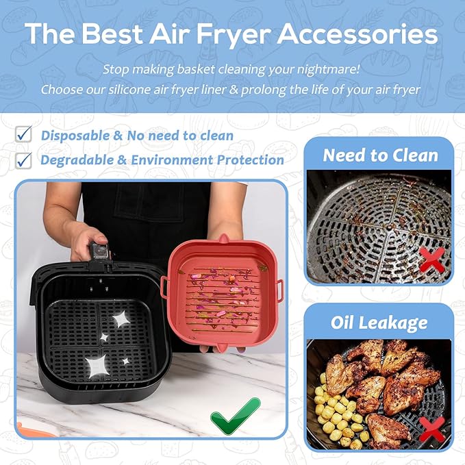 [2 Pack] Silicone Air Fryer Liners Square - Reusable Airfryer Silicone Basket - Easy to Clean Air Fryers Silicone Pot for 5.8 to 8 Qt Large Air Fryer Baking Tray Oven Accessories, 8.5 Inch