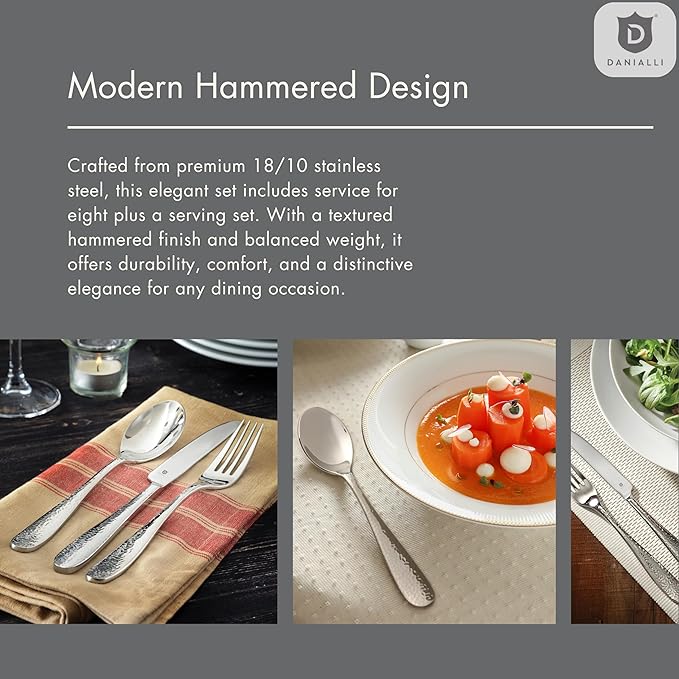 Hammered Silverware Set | Premium 18/10 Stainless Steel Flatware Service for 16 | Heavy-Duty & Dishwasher Safe | Built to Last (80-Piece, Fidenza Hammered)
