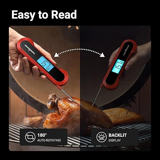 Professional 0.5 Sec Instant Read Meat Thermometer Digital, NIST Certified ±0.5℉ Accuracy, Auto Rotate Large LCD Display, 100% Waterproof Cooking Thermometer for Baking Grill BBQ Smoker Oven, Red