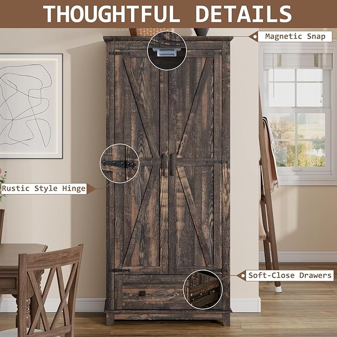 Farmhouse Kitchen Pantry Cabinet, 72" Tall Storage Cabinet with Adjustable Shelves & Barn Doors, Freestanding Kitchen Cupboard for Dining Room, Living Room, Dark Rustic Oak