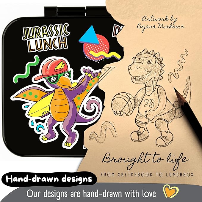 BEARFOOT Kids Lunch Box with Compartments – Compact & Lightweight | Leak-Proof, BPA-Free, Dishwasher & Microwave Safe | Hand-Drawn Design for Preschool, School, Travel (Dinos Black, 2.75 Cups)