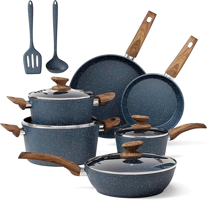 MAISON ARTS Pots and Pans Set Non Stick, Kitchen Cookware Sets Nonstick, 12 Piece Granite Cooking Pot and Pan for Induction, Stovetop, Blue
