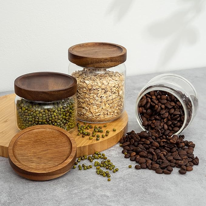1 PC Small Glass Storage Jars with Airtight Lids, 11 fl oz (300ml) coffee container with Wooden Lid, Glass Pantry Canister for Beans, Rice, Sugar and etc