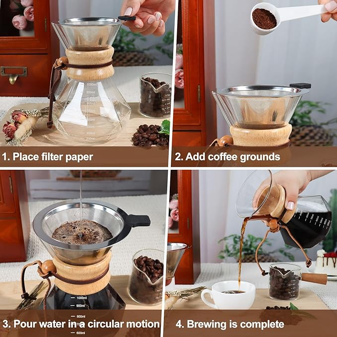 Pour Over Coffee Pot Set 1000ml Features 304 Stainless Steel Filter Glass Coffee Pot with High Borosilicate Glass Duckbill Spout Design Solid Wood Handle Pour Over Coffee Drippers Daily Brewing