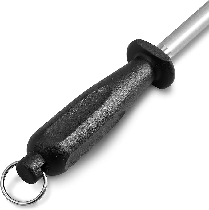12" Knife Sharpening Steel, Professional Diamond & Steel Honing Rod, Black Brushed Finish, for Kitchen & Chef Knives
