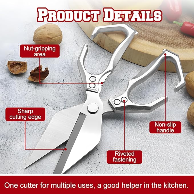 Multifunctional Heavy-Duty Kitchen Shears, Heavy Duty Kitchen Scissors for Food with Ergonomic Handle,Stainless Steel Culinary Shears for Chicken Meat Seafood Bone Cutting,Cooking Accessories(Sliver)
