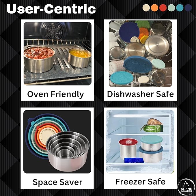 12 Pcs - 6 Stainless Steel Containers + 6 Silicone Lids | 304 Stainless Steel Snack Container | Nesting Snack and Dip Containers | Metal Food Storage