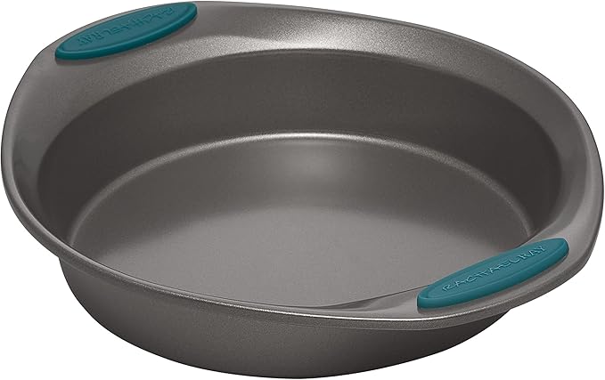 Rachael Ray Nonstick Bakeware Set with Grips includes Nonstick Bread / Baking Pans, Cookie / Baking Sheet and Cake Pans - 10 Piece, Gray with marine blue grips