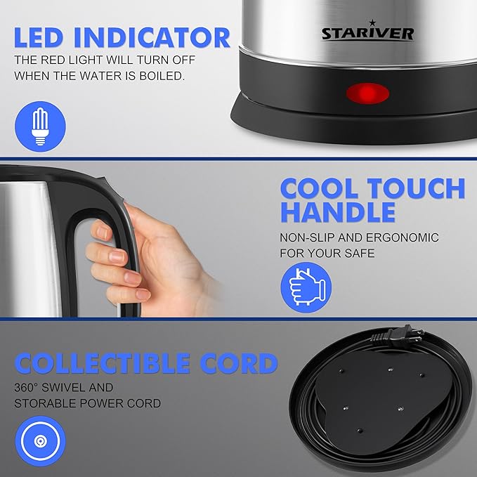 Stariver 2.5L Large Electric Kettle, BPA Free Stainless Steel Water Heater, Fast Boil Electric Tea Kettle, Water Boiler with Auto Shut-Off & Boil-Dry Protection for Family (10-12 Cups)
