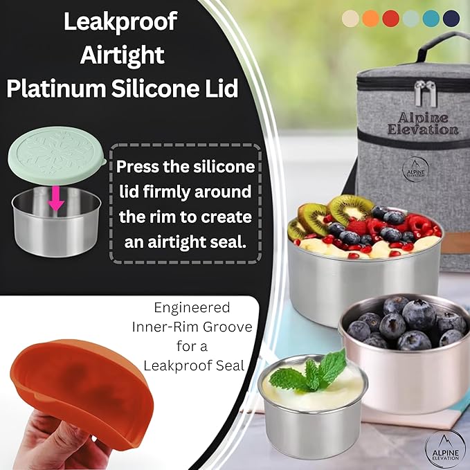 12 Pcs - 6 Stainless Steel Containers + 6 Silicone Lids | 304 Stainless Steel Snack Container | Nesting Snack and Dip Containers | Metal Food Storage