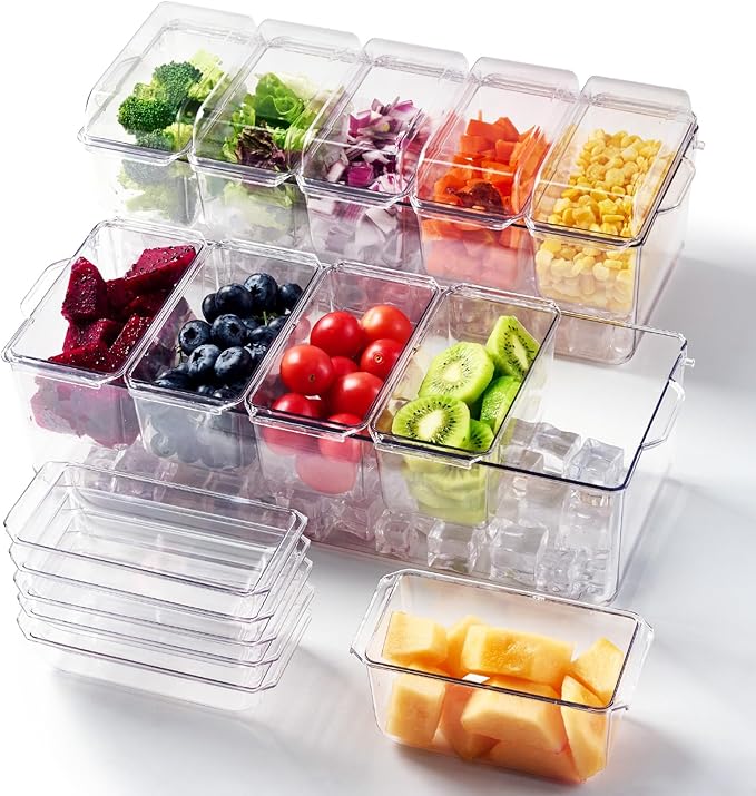 2 Pack Chilled Condiment Tray Server with 5 Containers and Removable Compartments, Large Ice Condiment Organizer, Clear Garnish Serving Platter for Kitchen, Fruit, Salad, Food, Bar Accessories