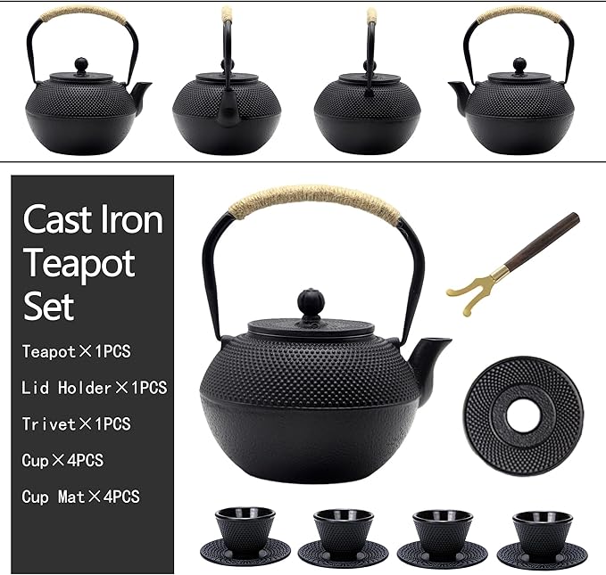 YJX 40.6 fl oz Cast Iron Teapot Set, Japanese Tetsubin Tea Set with Cast Iron Teacups, Small Tea Kettle Set with Strainer for Loose Tea, Enameled Interior (1200ml Tea Set with Cups and Saucers)