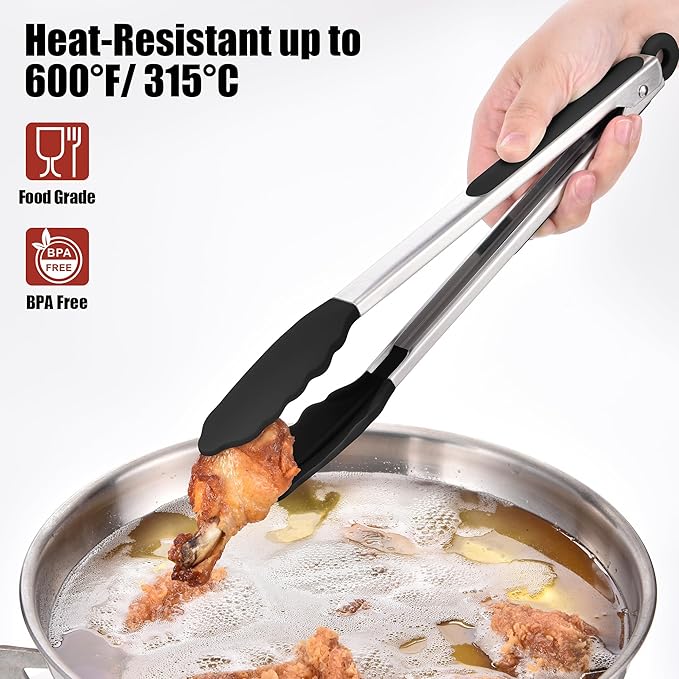 Doosu Kitchen Tongs for Cooking - 600°F Heat Resistant Food Tong Set with Non-Scratch Silicone Tips, Heavy Duty Stainless Steel Locking Tong for BBQ, Grilling Steak, Serving Salad (7+9+12in, Black)