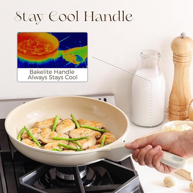 PRICUSIS Nonstick Ceramic Frying Pan with Lid, 8/10 Inch Skillet with Stay Cool Handle, Fully Coated, 100% Dishwasher Safe, Oven Safe, PTFE PFAS & PFOA Free (10 Inch, Coconut White