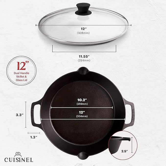 Cast Iron Skillet with Glass Lid - 12"-Inch Dual Handle Frying Pan + Pan Scraper + Silicone Handle Holder Covers - Preseasoned Oven Safe Cookware - Indoor/Outdoor Use - Grill, Stovetop, Induction Safe