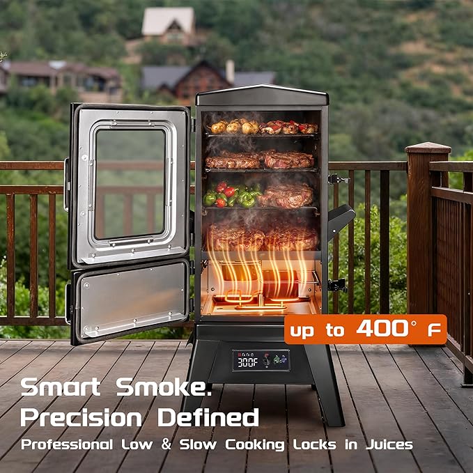 MAISON HUIS Electric Smoker for Outdoors, Built-in Meat Probe & Elevated Stand for Outdoors, BBQ Smoker with 4 Cooking Grates, LED Display Temperature Control, Smoke More with 633 sq in Cooking Area