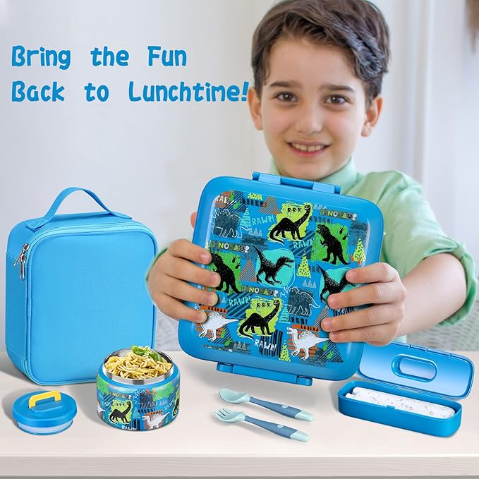 Bento Lunch Box for Kids With 8oz Soup thermo,Leak-proof Lunch Containers with 5 Compartment,thermo Food Jar and Lunch Bag, Food Containers for School (A-Blue(Dinosaur))
