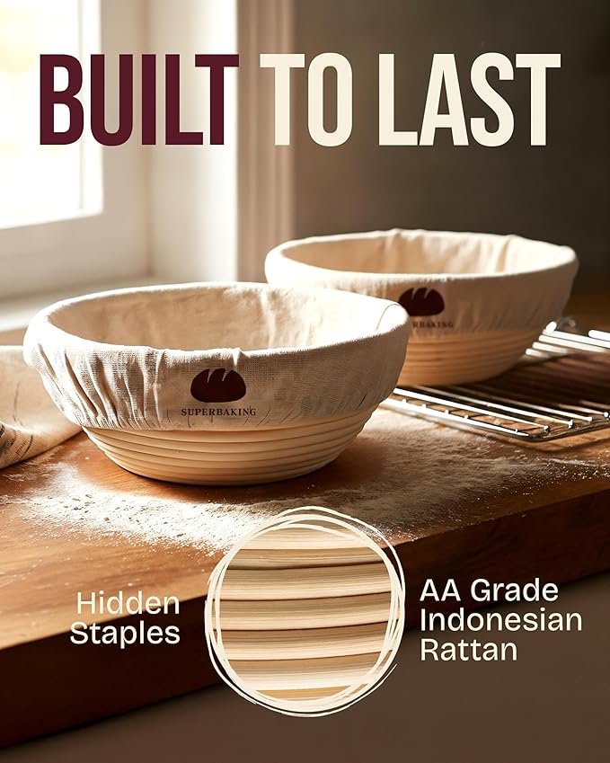 Superbaking 2 pcs Banneton Bread Proofing Basket, 9" Splinter-Free Round Rattan Bread Basket with Liners, Sourdough Starter Kit, Sourdough Bread Baking Supplies & Sourdough Kit, Bread Making Tools