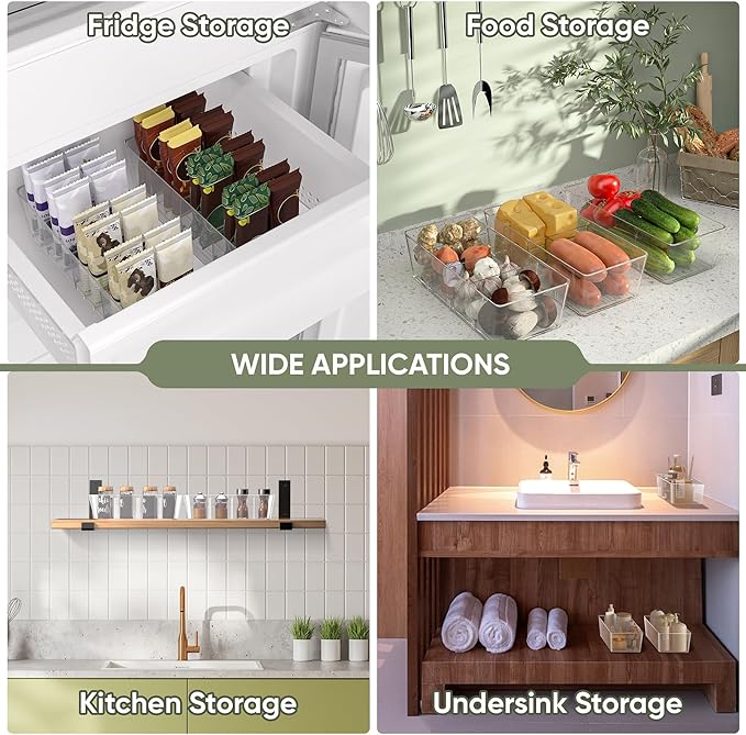 BALEINE Pantry Organizers and Storage Bins, Plastic Clear Storage Bins with 3 Removable Dividers, BPA-Free Fridge Organizers for Kitchen Cabinet Bathroom (10.5x6.1x3.5, 2PK)