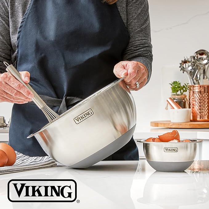 Viking Mixing Bowls Set, 10 Piece Stainless Steel Kitchen Cookware, Non-Slip Silicone Base, Includes Tight Fit Lids, Dishwasher Safe, Grey