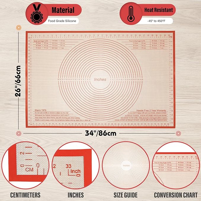 Silicone Pastry Mat 34x26 Inch Nonstick Baking Mats, Kitchen Counter Mat Perfect for Dough, Pastry, Dough Rolling, Pie Crust, Fondant, Pasta, Pizza Mat