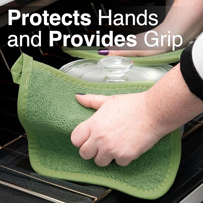 RITZ Terry Potholder & Hot Pad: Unparalleled Heat Resistant, Durable 100% Cotton – Ergonomically Designed for Optimal Grip – Easy-Care Machine Washable – 4-Pack, Cactus Green