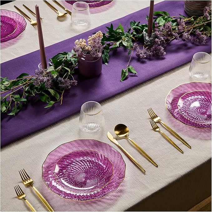 PLASTICPRO 120 Pack Plastic Plates Set of 60-10 inch Plates and 60-7 inch Plates, Elegant Clear Purple Spiral and Gold Rim Disposable Fancy Plates Premium Heavyweight