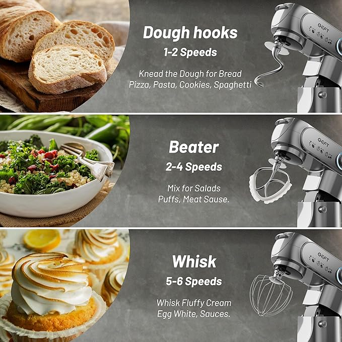 Stand Mixer, 3.5QT+6QT Two Bowls Kitchen Electric Mixer, 600W 6+P speed Tilt-Head Food Mixer with Stainless Steel Bowl, Dishwasher-Safe Dough Hook, Flat Beater, Wire Whisk, Splash Guard, Grey