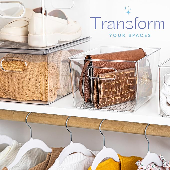 Plastic Food Storage 2 Pack Clear Container Bin with Handles for Organizing Kitchen, Pantry, Refrigerator, Freezer, Pantry, Cabinet, Closet, Bathroom. 10”x7.5”x5.3”