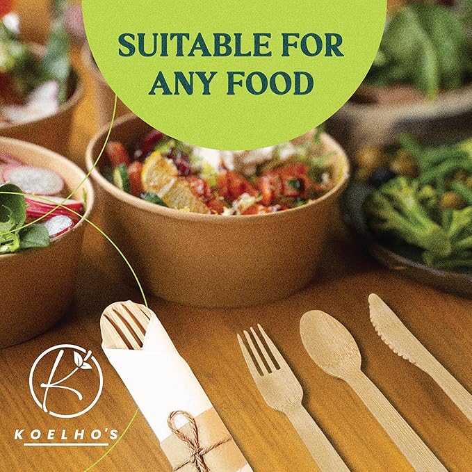 KOELHO'S Pre-Rolled Bamboo Cutlery Set 48-Pack 192 PCS | Bamboo Disposable Utensils 100% Biodegradable and Eco-Friendly | Wood Cutlery Set for Parties, Weddings, and Events