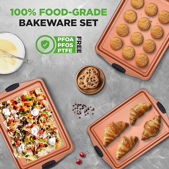 NutriChef 3 Piece Cookie Sheets for Baking - PFOA, PFOS, PTFE Free Nonstick Carbon Steel Bakeware Set - Home Kitchen Bake Pan Cookie Sheet Stackable Baking Sheet w/Black Silicone Handles NCSBS3S45