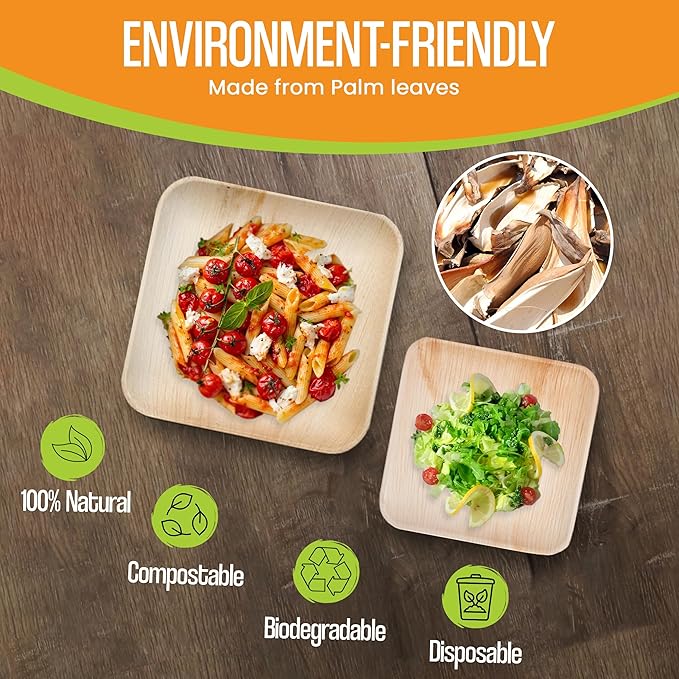Raj Palm Leaf Plates Bulk [50-Pack] 10" & 7" Square Plates (10 CASES - 500 PACK) like Bamboo plates Disposable, Strong, Decorative Compostable Tableware for weddings, Lunch, Dinners