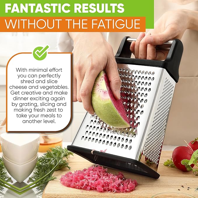 Spring Chef Professional Cheese Grater - Stainless Steel, XL Size, 4 Sides - Perfect Box Grater for Parmesan Cheese, Vegetables, Ginger - Dishwasher Safe - Black