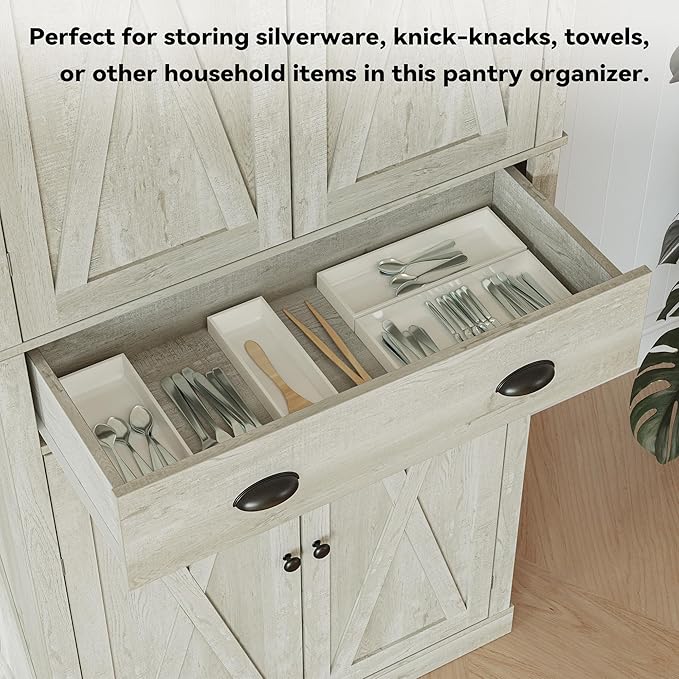 IRONCK Kitchen Pantry Storage Cabinet 83.9" H, with Barn Doors, Drawer, 4 Adjustable Shelves, Freestanding Cupboard for Dining Room Living Room, Laundry, Rustic Maple