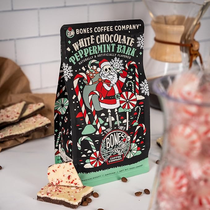 Bones Coffee Company White Chocolate Peppermint Bark Flavored Coffee, Medium Roast Low Acid Arabica Beans Compatible with Auto drip and French Press Coffee Maker, 12 Oz Ground
