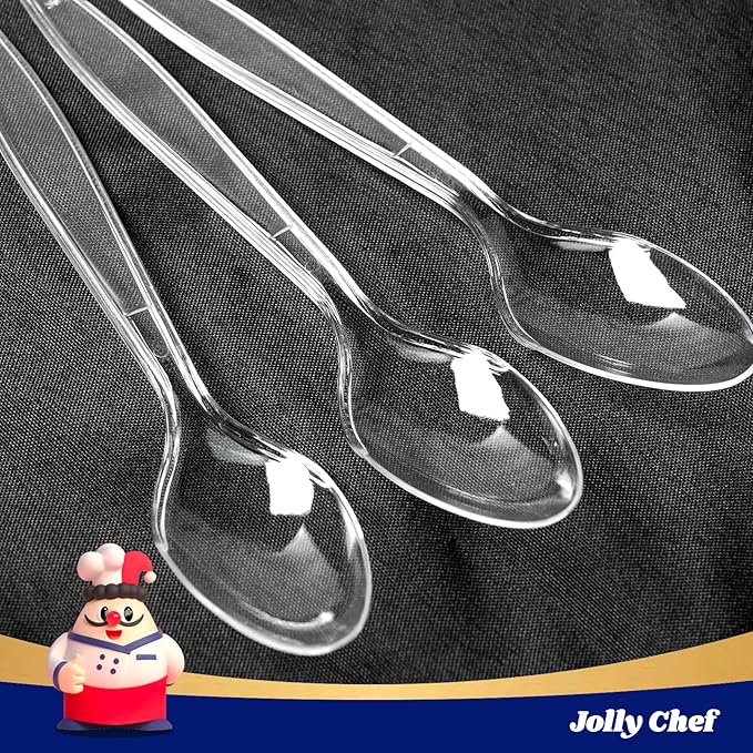 JOLLY CHEF 300 Count Clear Plastic Teaspoons Heavy Duty, 6.54" Heat Resistant Solid and Durable Plastic Teaspoons Disposable, Disposable Bulk Cutlery Suitable for Parties Supply Events Everyday Use