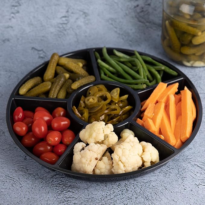 Plasticpro 6 Sectional Round Plastic Serving Tray/Platter (4, Black)