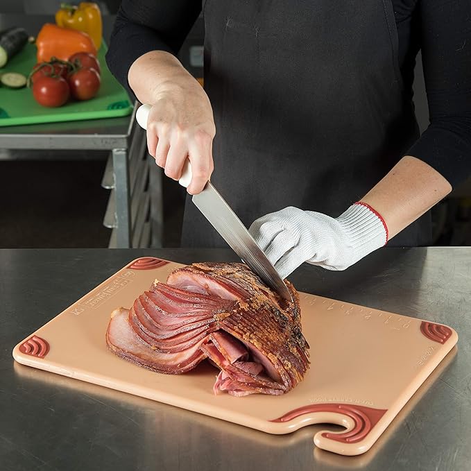San Jamar Saf-T-Grip Plastic Cutting Board with Safety Hook, 12" x 18" x 0.5", Brown