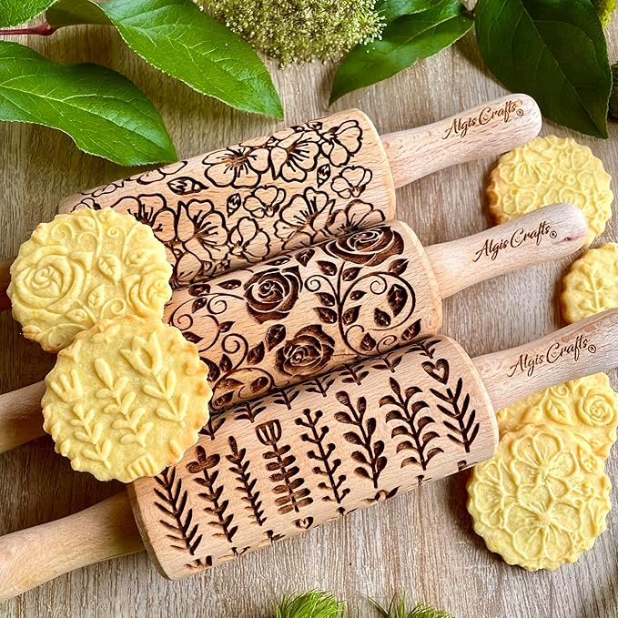 GARDEN BLOSSOMS 3 Small Size Embossed Rolling Pin Set. Wooden Laser Engraved Embossing Dough Roller for Embossed Cookies Gift for Birthday, Easter by Algis Crafts