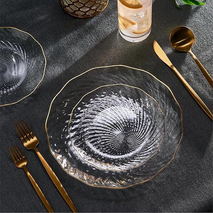 PLASTICPRO 120 Pack Plastic Plates Set of 60-10 inch Plates and 60-7 inch Plates, Elegant Clear Spiral and Gold Rim Disposable Fancy Plates Premium Heavyweight