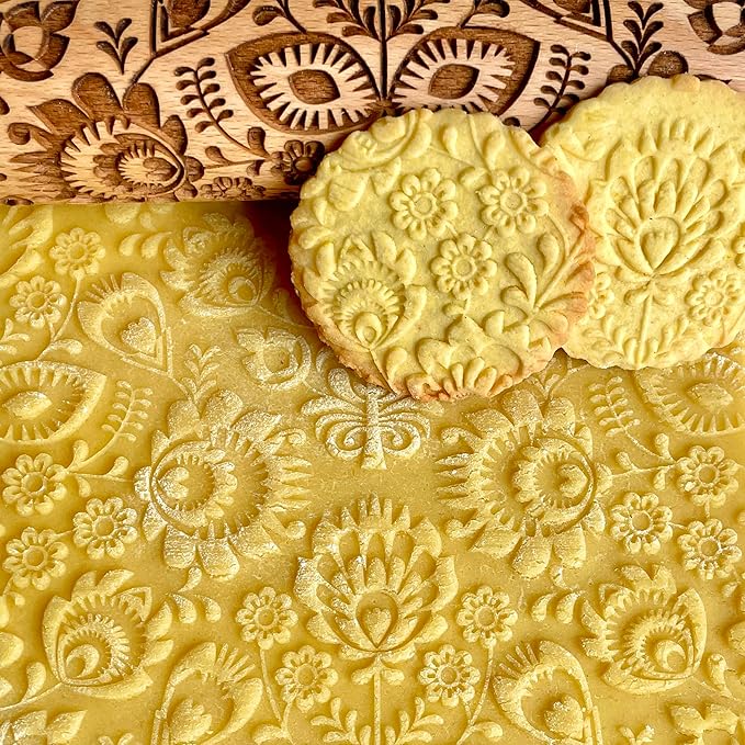 FOLK Embossed Rolling Pin. Wooden Embossing Rolling Pin With Folksy Flowers for Pottery and Cookies by Algis Crafts