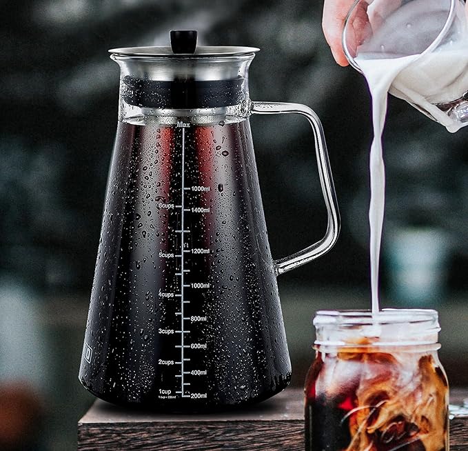 Aquach Airtight Cold Brew Coffee (Iced Tea) Maker 51oz/1.5L, BPA-Free, Durable Borosilicate Glass Pitcher and Stainless Steel Fine-Mesh Filter, Dishwasher Safe, Spill-proof, 6 Cups Capacity