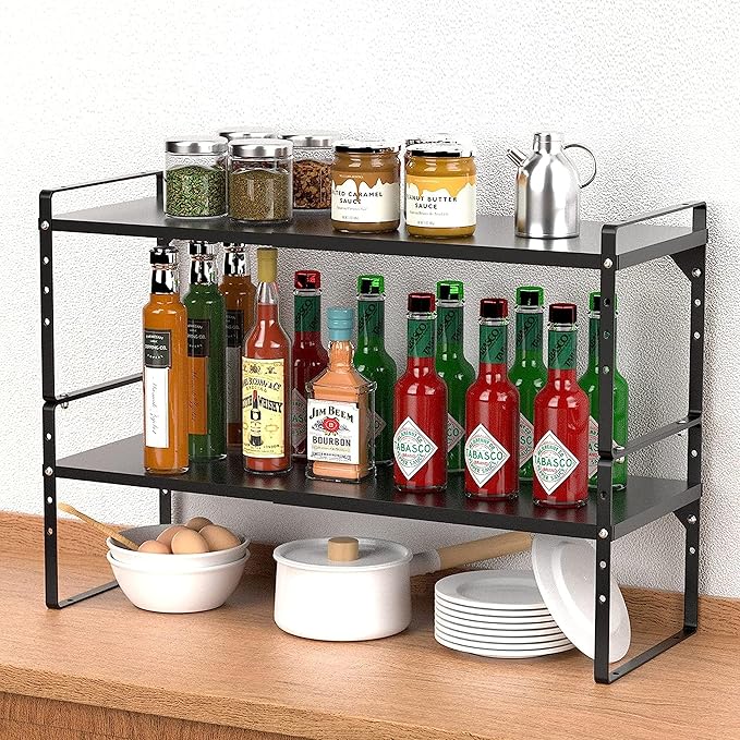 Expandable Kitchen Cabinet Storage Shelf, Stackable Metal Pantry Storage Shelves Organizer, Adjustable Height Counter Spice Rack for Kitchen Cabinet, Countertop, Pantry and Office