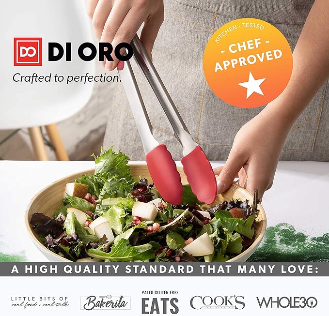 New DI ORO 2-Piece Kitchen Tongs Set (9-Inch and 12-Inch) – Stainless Steel with Non-Stick 480F Heat-Resistant Silicone Tips – Great Tool for Cooking, Serving, and Barbecuing - Dishwasher Safe (Red)